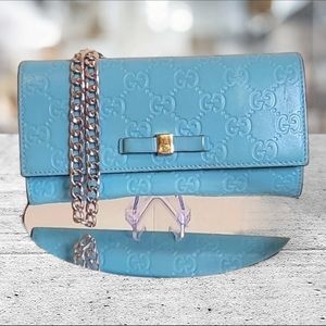 Gucci Bowie Long Wallet Guccissima GG Monogram Continental Leather Tiffany Blue